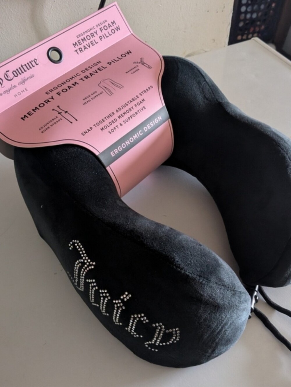 Juicy Couture Black Plush Memory Foam Neck Pillow with Rhinestone Logo